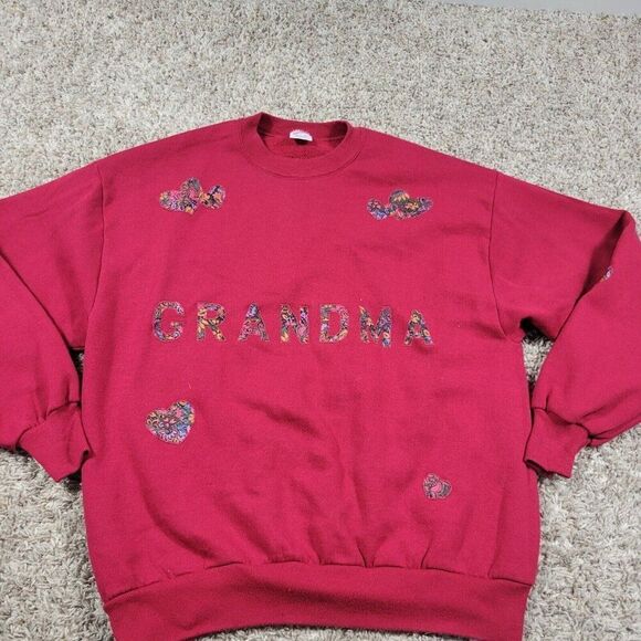 Vintage Jerzees Sweatshirt Large Red Grandma Embroidered Long Sleeve Made In USA - Picture 1 of 8